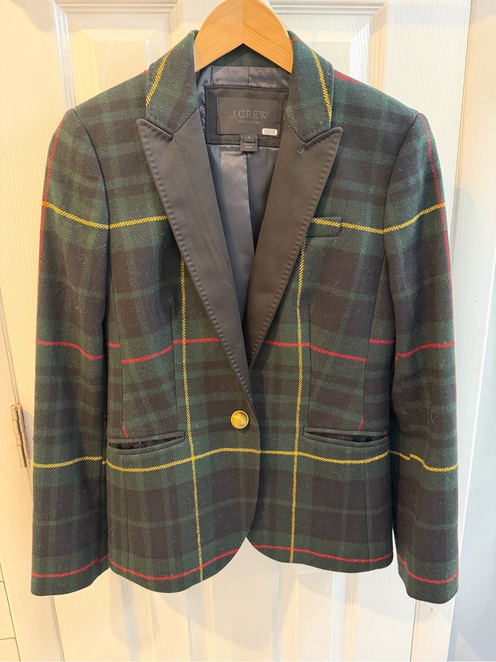 J. Crew Collection Green Plaid Wool Blazer with Black Satin Lapel
